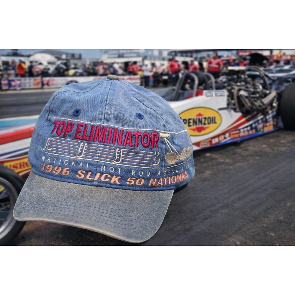 1996 NHRA Slick 50 Natl Snapback Hat Top Eliminator Houston TX Hot Rod Denim VTG